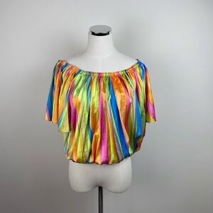 Flying Tomato Pink Yellow Green Blue Stripe Pleated Blouse Top Women Medium